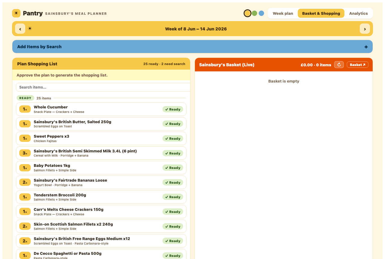 MealBasket shopping view — plan shopping list beside the live supermarket basket
