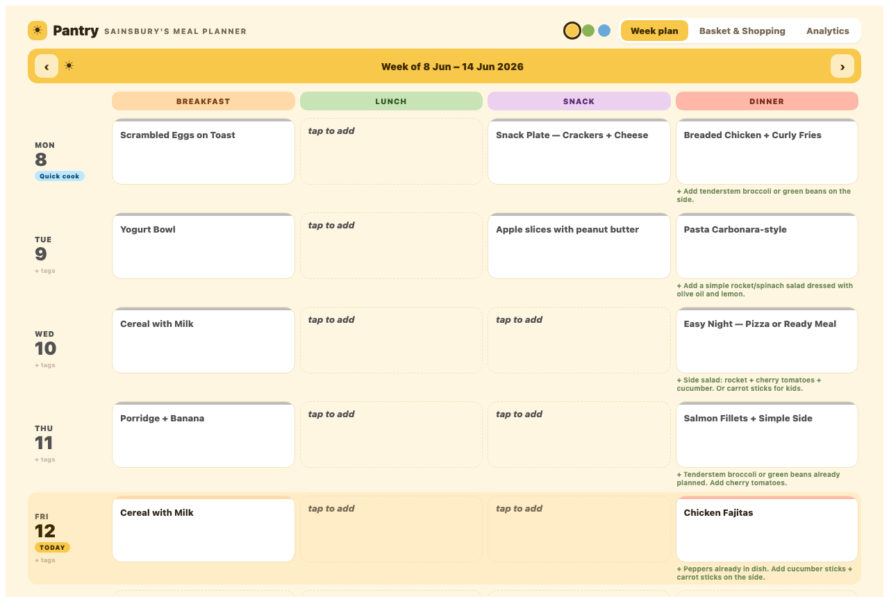 MealBasket week plan — seven days of meals with day tags and AI suggestions